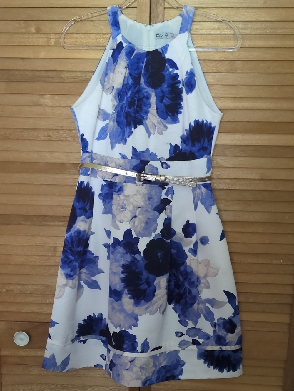Eliza J White Dress with Blue Floral Print and Gold Belt